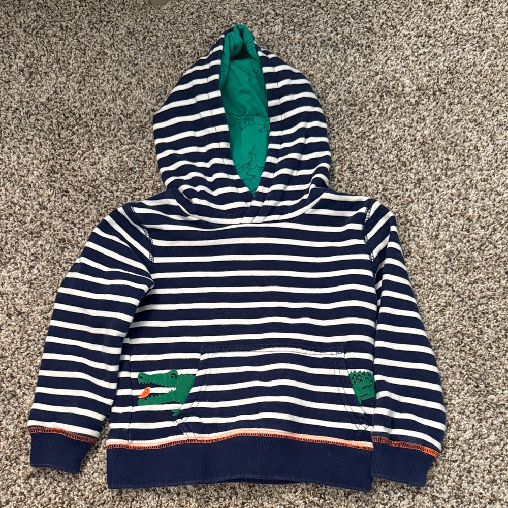 Boden Navy and White Striped Kids Hoodie with Green Details